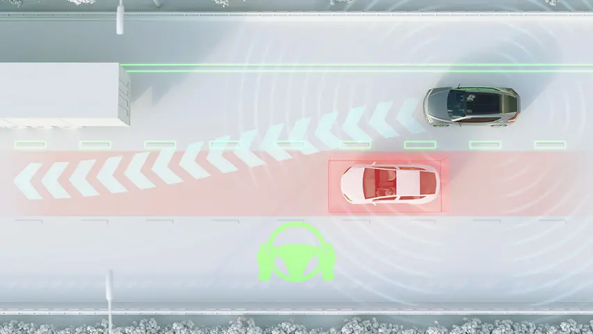 上空から見た車両が前方の車を検知し、安全な車間距離を維持しているイラスト