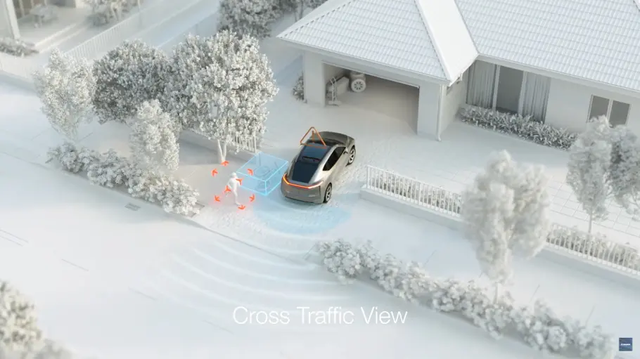 Vehicle reversing out of a driveway with sensors detecting a person behind