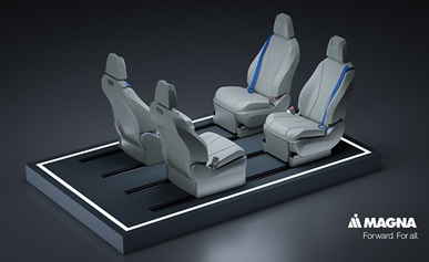 Magna’s reconfigurable seating system offers flexibility for more in-cabin space